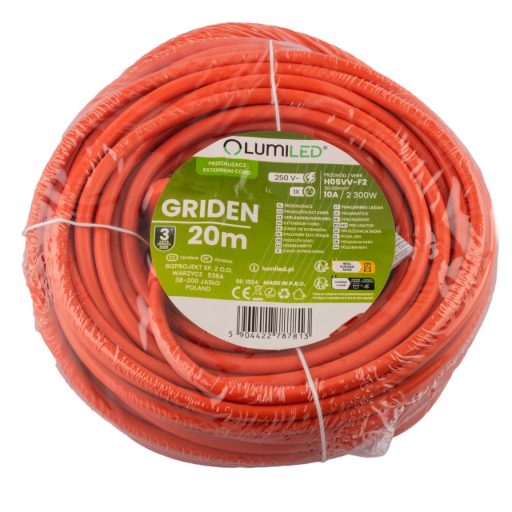 Kerti hosszabbító kábel építési szimpla 1 aljzat 20m narancssárga zsinór GRIDEN Lumiled