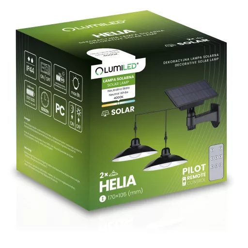 2x Napelemes LED lámpa HELIA csillár, kerti mennyezeti függőlámpa, érzékelős távirányítóval, LUMILED panel